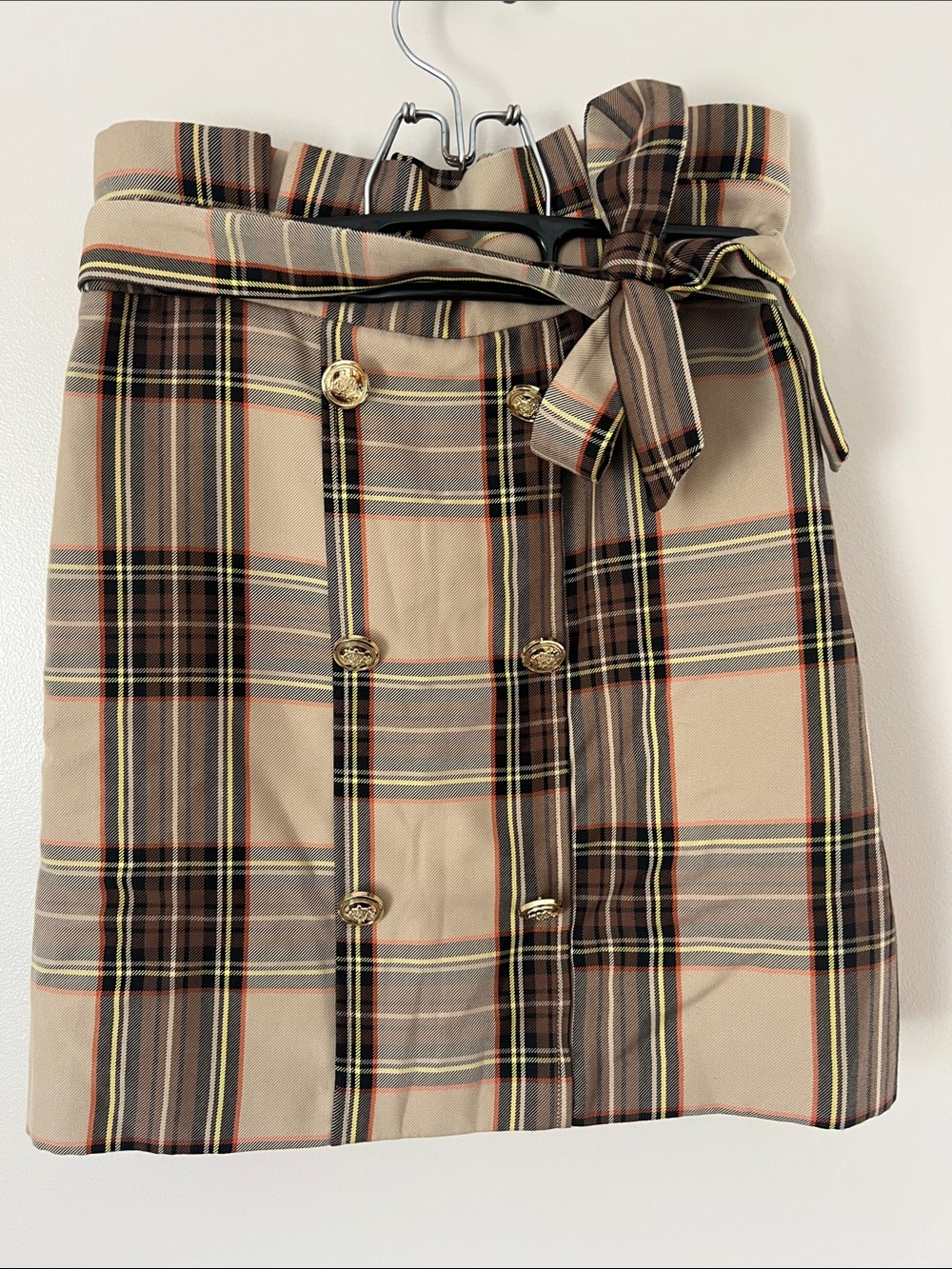 River Island Beige Plaid Wrap Mini Skirt with Belt